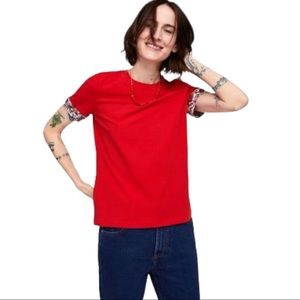 Zara Red Short Sleeve Tee with Patterned Cuff Detail